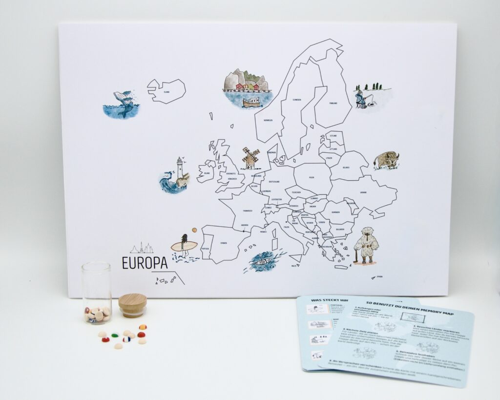 Memory Map Europa Edition — handgezeichnete Reisekarte in Aquarell und Fineliner towhom.de